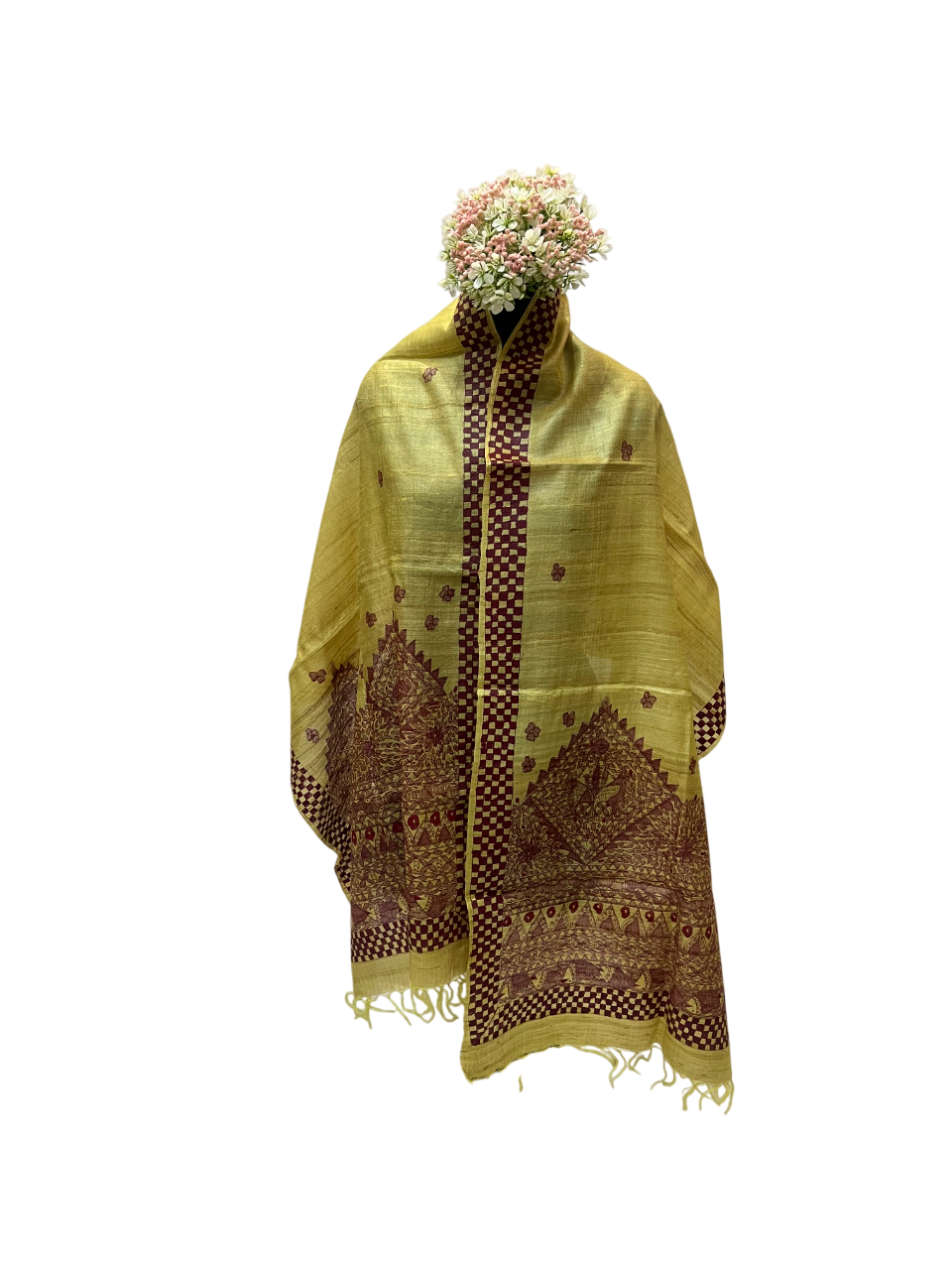 Desi Tussar Silk Stole in Yellow with Handpainted Madhubani